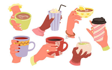 Cartoon hand holding mug of warm beverage, morning espresso or chocolate with marshmallow isolated on white. Hands hold coffee or tea cup set, people with cafe take away hot drink vector illustration