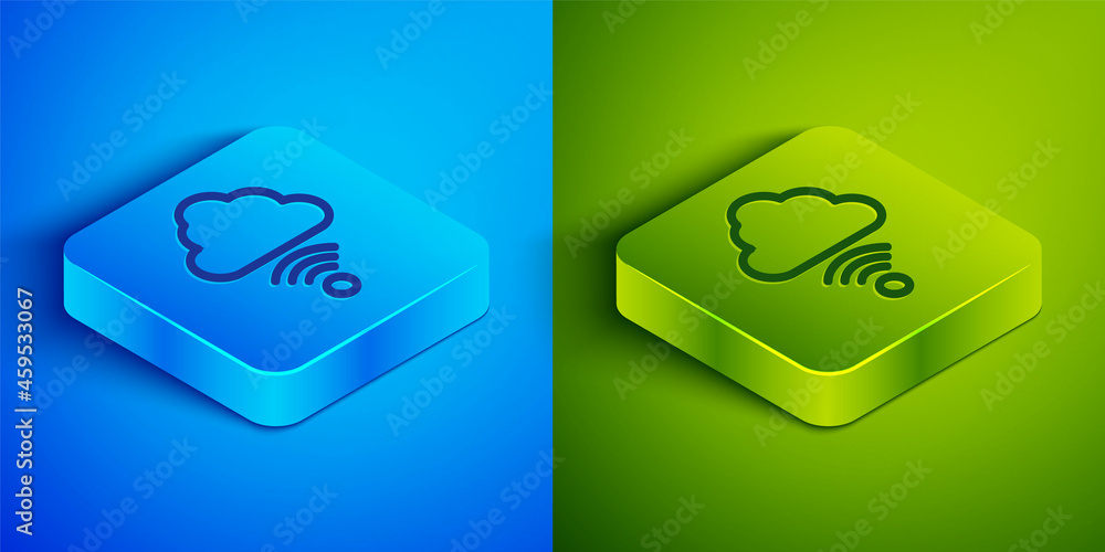 Poster isometric line network cloud connection icon isolated on blue and green background. social technolog