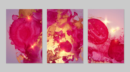 Marble set of gold, pink and magenta backgrounds with texture. Geode pattern with glitter. Abstract vector backdrops in fluid art alcohol ink technique. Modern paint with sparkles for banner, poster