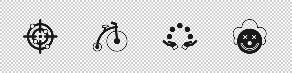 Obraz premium Set Target sport, Vintage bicycle, Juggling ball and Clown head icon. Vector