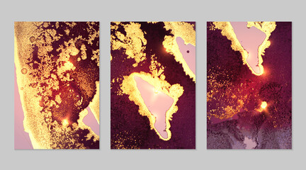 Marble set of gold and dark maroon backgrounds with texture. Geode pattern with glitter. Abstract vector backdrops in fluid art alcohol ink technique. Modern paint with sparkles for banner, poster