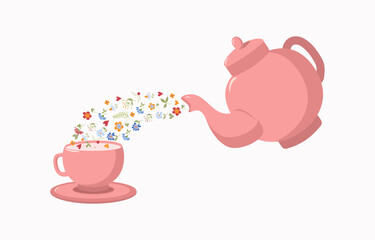 Green flower tea. 5 o'clock, tea time. Teapot and cup with pouring herbal drink. Healthy vitamin tea. Vector illustration with isolated background.