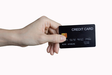 Female hand holding credit card isolated on white background with clipping path.