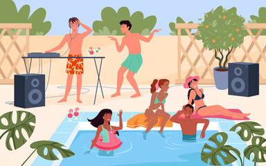 Summer pool party with people vector illustration. Cartoon group of young man woman characters in swimsuit listen to fun music, girls in bikini swimming in water, summertime vacation background