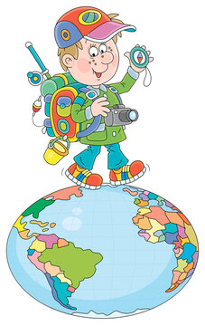 Cheerful tourist with his backpack for traveling, waving his hand in greeting and walking on a spinning globe, vector cartoon illustration isolated on a white background