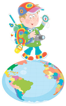 Cheerful tourist with his backpack for traveling, waving his hand in greeting and walking on a spinning globe, vector cartoon illustration isolated on a white background