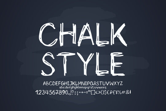 White chalky font on blackboard background. Original hand-drawn uppercase and lowercase letters, numbers, sketch style