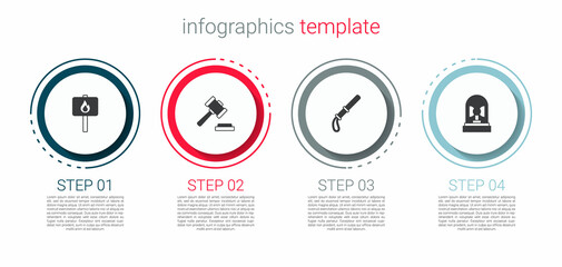 Set Protest, Judge gavel, Police rubber baton and Flasher siren. Business infographic template. Vector