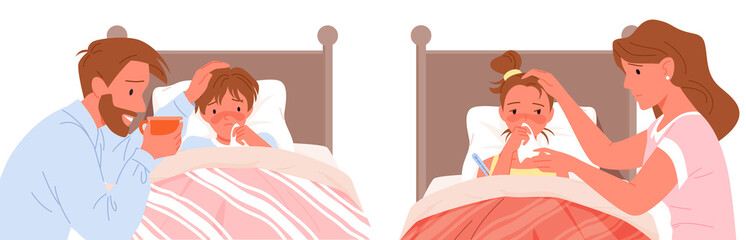 Sick child lying in bed at home bedroom, childhood disease illness set vector illustration. Cartoon father character sitting next to son with cold fever, mother and sick daughter isolated on white