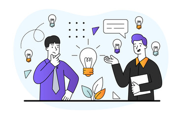 Young thoughtful male student holding hand under chin thinking for solution ideas and best decision on white background. Concept of creativity, genius, new idea. Flat cartoon vector illustration