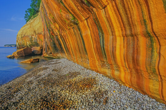 Landscape of mineral stained cliff, Pictured Rocks National Lakeshore, Michigan's Upper Peninsula, USA
