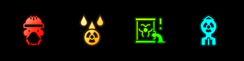 Set Nuclear reactor worker, Acid rain and radioactive cloud, Radioactive waste barrel and bomb icon. Vector