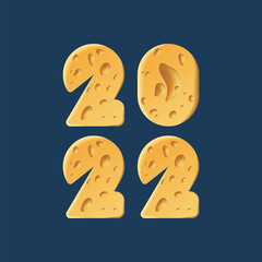 Happy New Year 2022 text design. Cheese texture 2022 text design for pizzeria holiday menu.