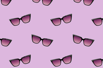 Pink glasses pattern background. Cat eye sunglasses isolated.