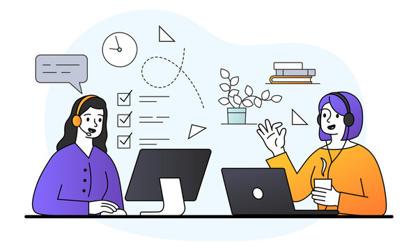 Two young female characters are working on computers in the office together on white background. Concept of hybrid workplace with employees working from office. Flat cartoon vector illustration