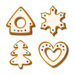 Christmas gingerbread cookies. Festive glazed biscuits in shape of house and heart, tree snowflake. Cartoon Vector illustration