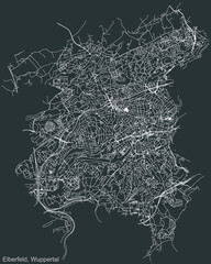 Detailed negative navigation urban street roads map on dark gray background of the quarter Elberfeld district of the German regional capital city of Wuppertal, Germany