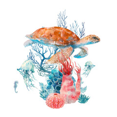Watercolor sea turtle artwork. Underwater scene with turtle, jelly fish, corals isolated on white background