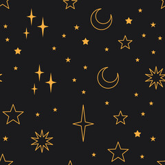 Obraz na płótnie Canvas Sky seamless pattern with Mystical and Astrology elements, Space objects, planet, constellation, moon, stars, sun. Astronomy themed background texture. Starry motive.