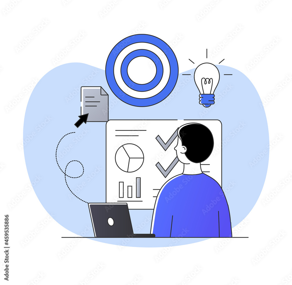 Aufkleber male character is working on startup development with infographics on computer on white background. 