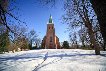 Fototapeta na wymiar church in the snow, church of Østre Aker, Oslo, Norway