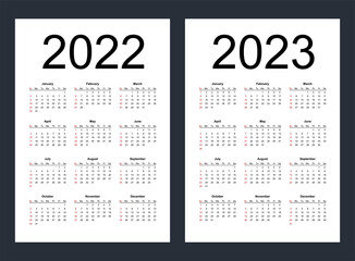 Simple editable vector calendars for year 2022, 2023. Week starts from Sunday. Vertical. Isolated vector illustration on white background.