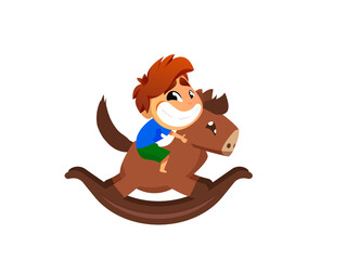 Smiling boy riding adorable wooden toy horse on white background