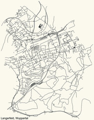 Fototapeta na wymiar Detailed navigation urban street roads map on vintage beige background of the quarter Langerfeld district of the German regional capital city of Wuppertal, Germany
