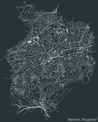 Detailed negative navigation urban street roads map on dark gray background of the quarter Barmen district of the German regional capital city of Wuppertal, Germany
