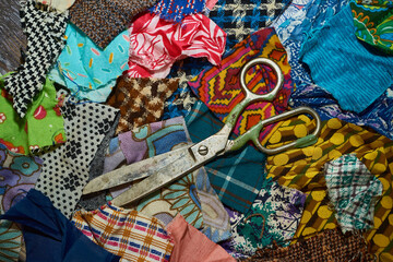 Various scraps of tissue, multicolored pieces of fabric, diversity concept - obrazy, fototapety, plakaty