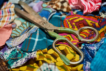 Fototapeta premium Various scraps of tissue, multicolored pieces of fabric, diversity concept