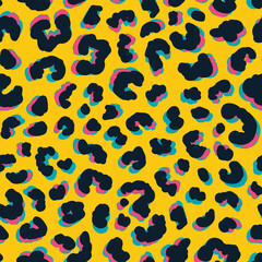 Fototapeta na wymiar Psychedelic leopard skin seamless repeat pattern. Random placed, vector colorful animal minimal all over print on yellow background.