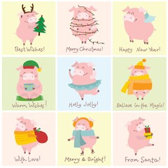 Vector illustration card with the symbol of the year - yellow pig with christmas gifts and hand drawn christmas greeting