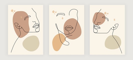Collection of modern abstract linear minimalistic female faces on beige background. Template with different shapes for wall decoration, postcard or brochure cover. Flat cartoon vector illustration