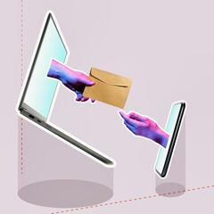 Art collage. Private correspondence between two people via a laptop and a smartphone.