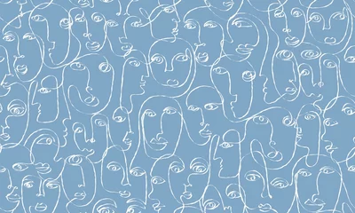 Tapeten Bestsellers Nahtloses Muster des abstrakten Gesichts. Einzeiliger Kunstdruck mit Porträts. Moderne Textur für Stoffe, Textilien, Tapeten. Vektordesign