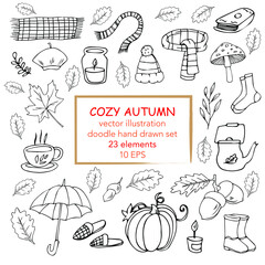 Doodle autumn icons set. Hand drawn falling collection.  Seasonal line art. Vector illustration.