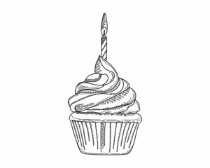 Drawing, engraving, ink, line art, vector illustration birthday cupcake with cream and candle in silhouette on a white background.