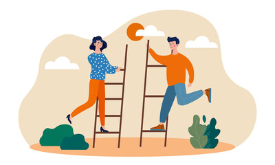 Male and female character are taking small steps for big achievements. Concept of persistence and daily effort for target and goal reaching. Flat cartoon vector illustration