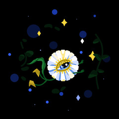 Bizarre chamomile flower pixie. Humanoid cute characters. Mysterious forest. Vector illustration on black background - 459538458