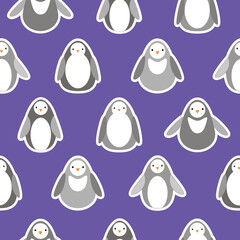 Flat style vector pattern with funny penguins on purple background. Cute backdrop and wrapping design.