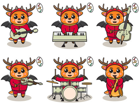 Cute Character Cartoon of Deer play a musical instrument. Deer Halloween Devil, costume set. Good for icon, label, sticker, clipart. Vector illustration.