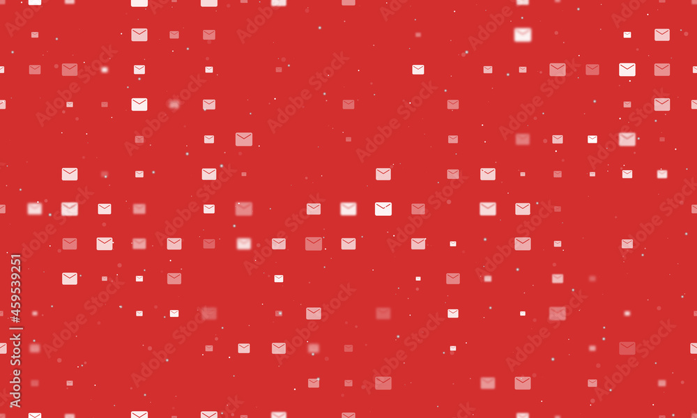 Poster seamless background pattern of evenly spaced white email symbols of different sizes and opacity. vec