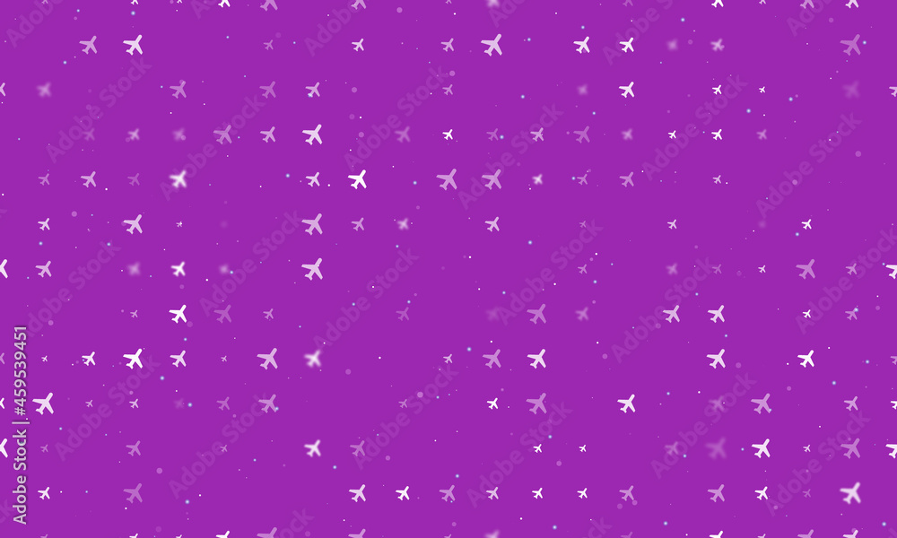 Poster seamless background pattern of evenly spaced white plane symbols of different sizes and opacity. vec