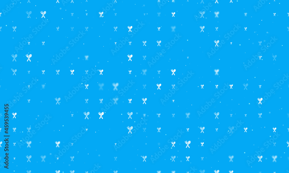 Poster Seamless background pattern of evenly spaced white dinner time symbols of different sizes and opacity. Vector illustration on light blue background with stars
