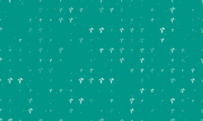 Naklejka na ściany i meble Seamless background pattern of evenly spaced white palm trees symbols of different sizes and opacity. Vector illustration on teal background with stars