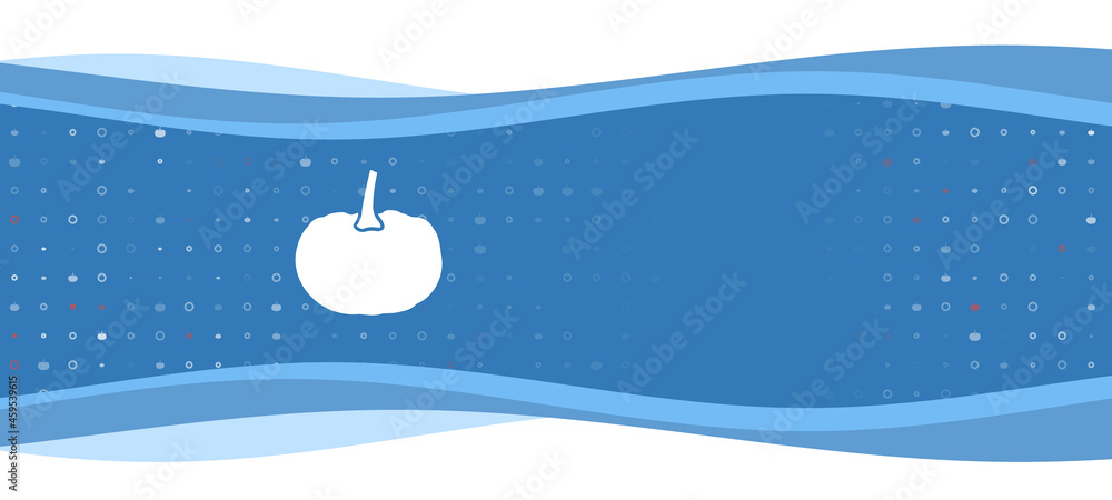 Poster blue wavy banner with a white pumpkin symbol on the left. on the background there are small white sh