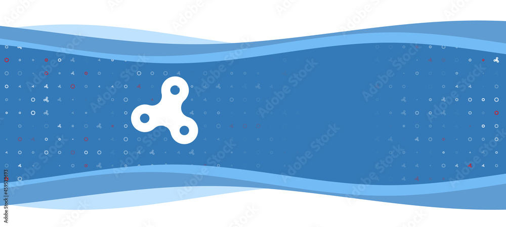 Poster blue wavy banner with a white spinner symbol on the left. on the background there are small white sh