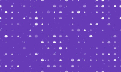 Seamless background pattern of evenly spaced white pumpkin symbols of different sizes and opacity. Vector illustration on deep purple background with stars