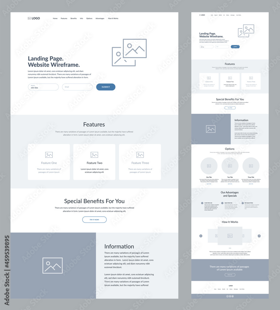 Poster website design template wireframe. landing page site design.